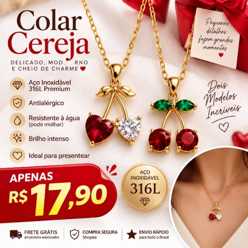 Colar Cereja Feminino Aço Inox 316L com Zircônia Vermelha Cristal Antialérgico Brilhante