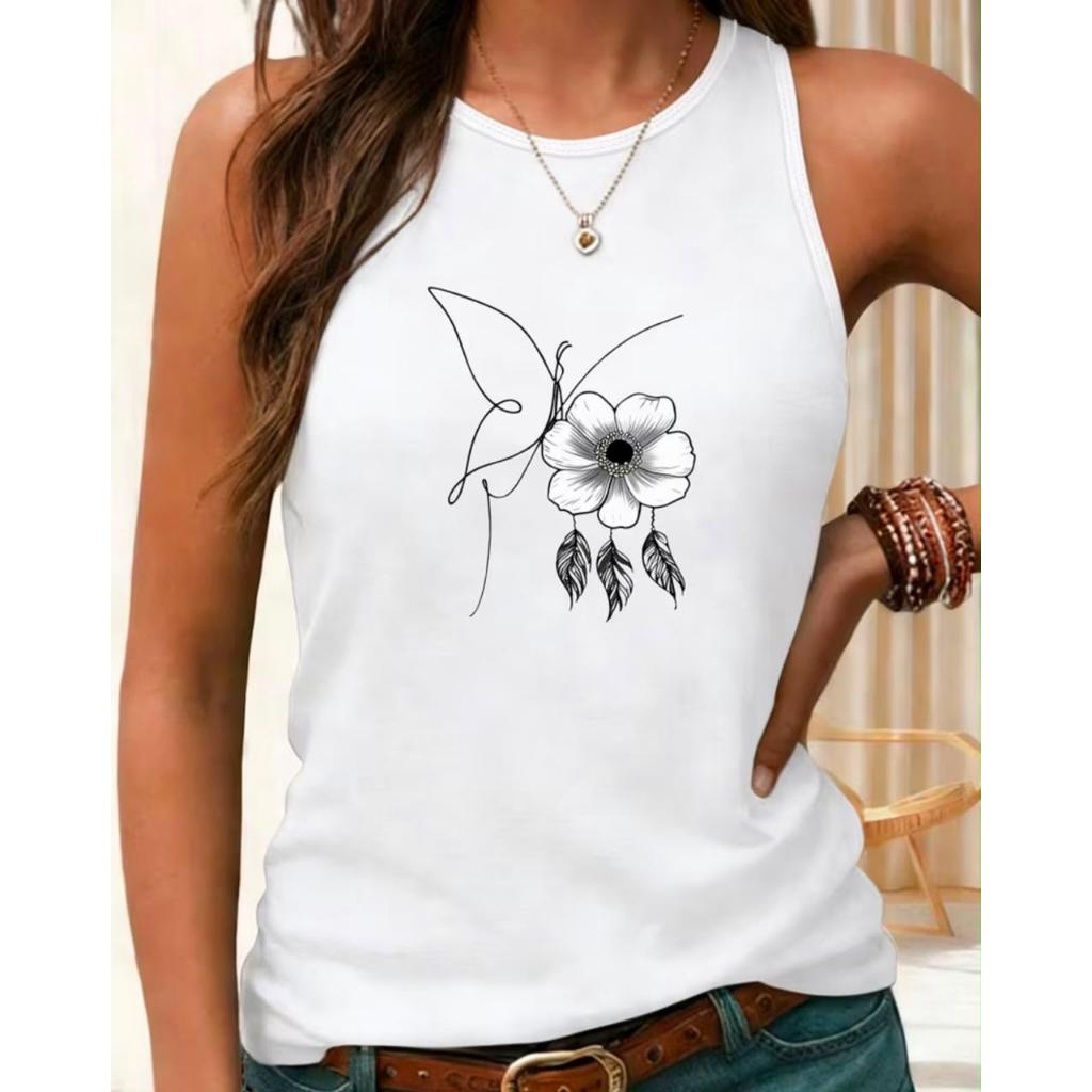 Regata Feminina Modelo:Flor Borboleta Folhas- Camiseta Camisa Confortável Premium Manga Cavada Moda Verão Estampada