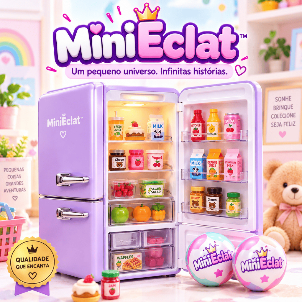 Mini Geladeira Infantil Colecionável Com Luz LED 2 Cápsulas Surpresa Mini Minis