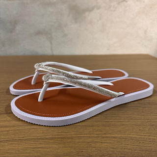 Chinelo Feminino Napa Caramelo Strass Nó Sandália Slim Rasteirinha