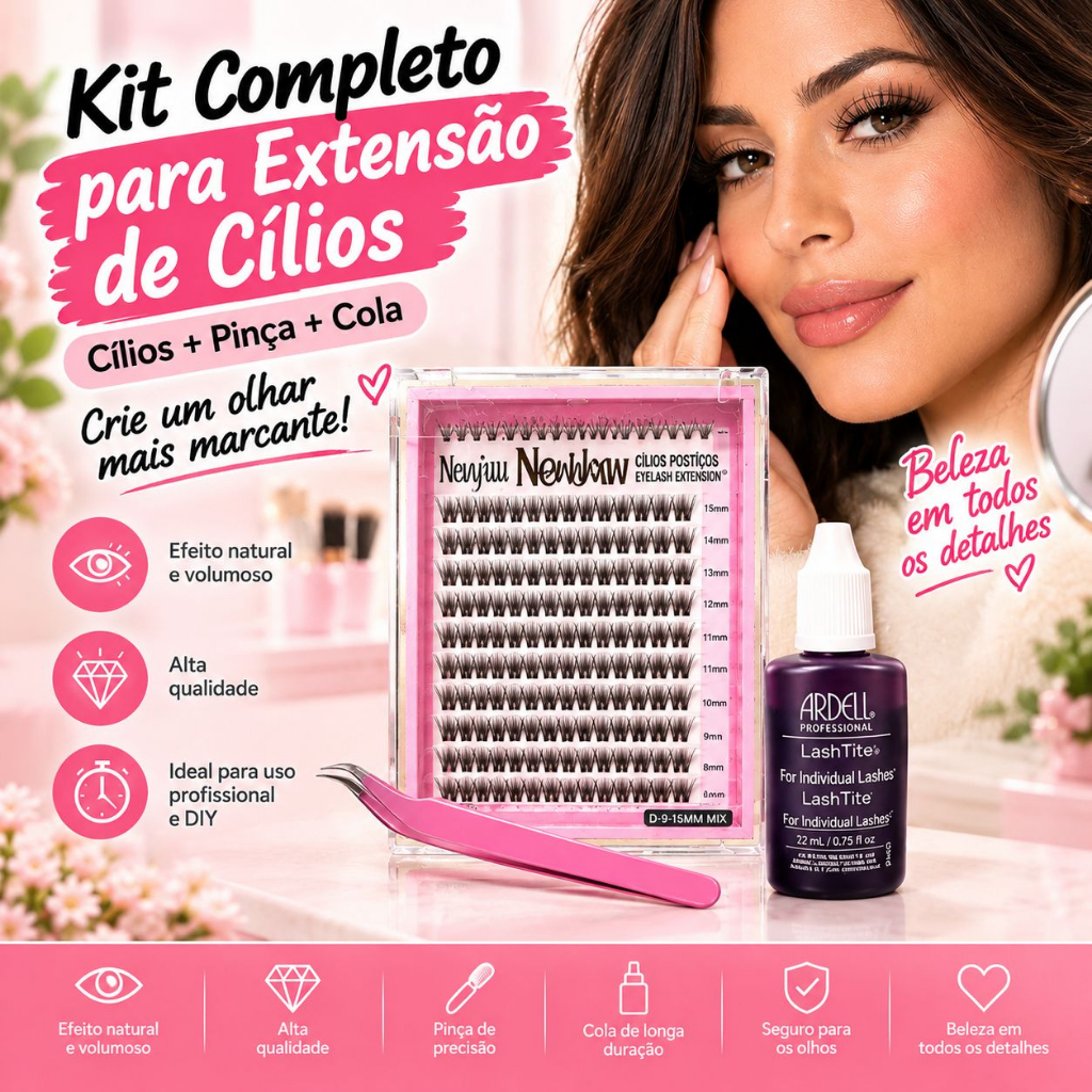 Kit 3 Peças para Extensão de Cílios, Curvatura D 9-15mm, Cíl