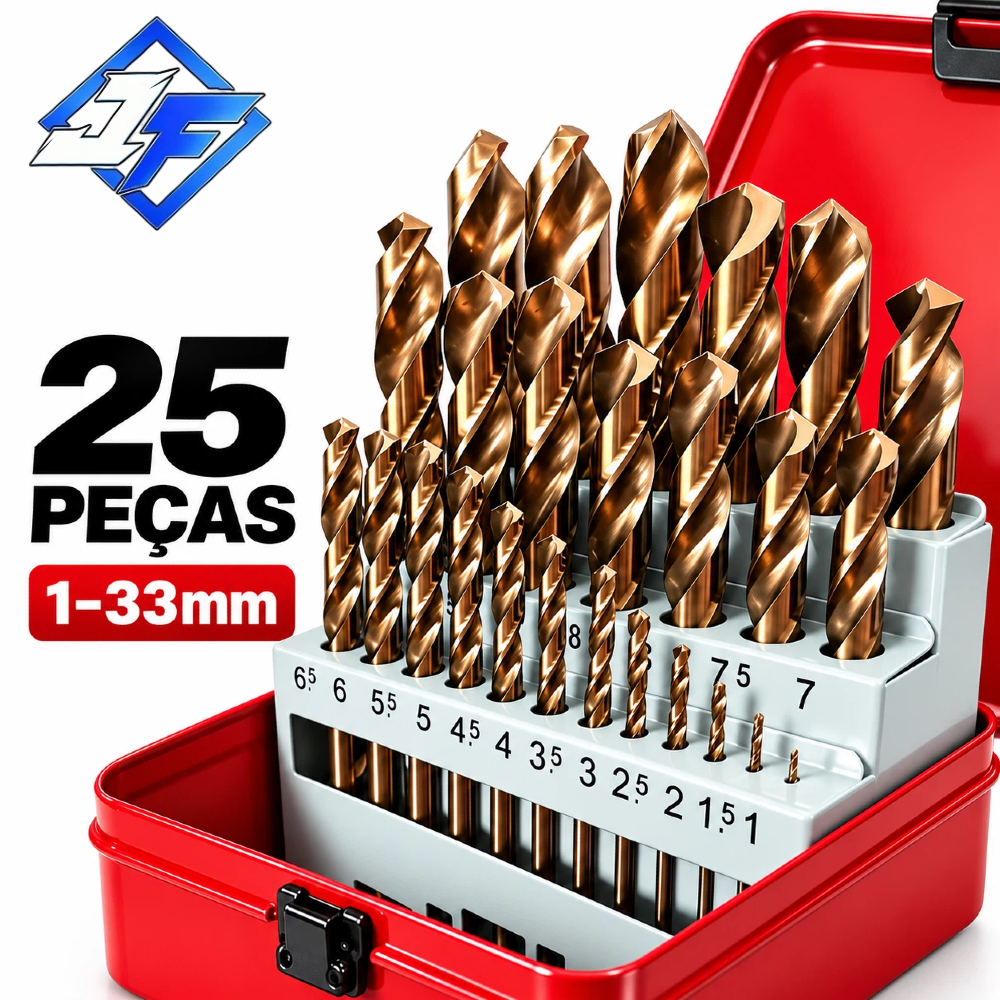 Kit 25 Peças Broca HSS Aço Rápido p/ Ferro e Metal - Jogo de Brocas para Furadeira Profissional