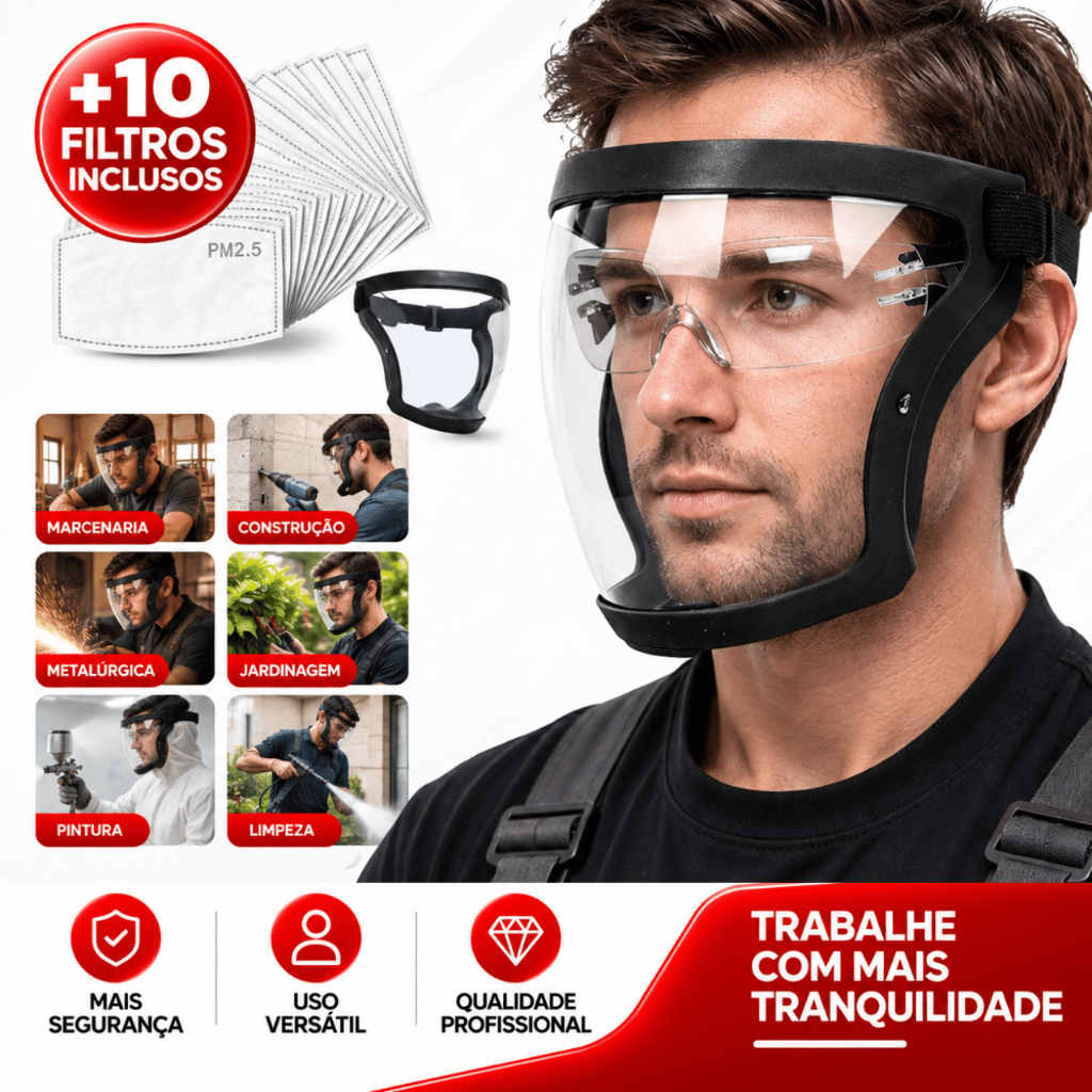 Máscara Facial Transparente Respirador Anti Poeira Com 10 Filtros PM 2.5 Face Shield Segurança Total Antiembaciamento