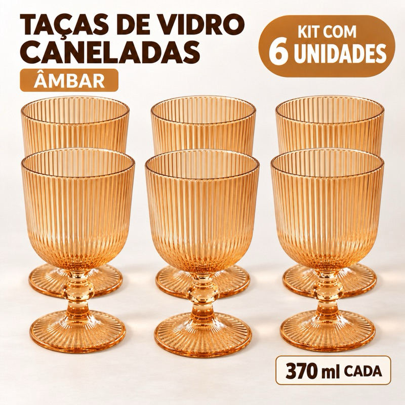 Kit 6 Taças de Vidro Âmbar Caneladas 370ml com Pé para Água Suco Vinho Drinks Mesa Posta Festa Casamento