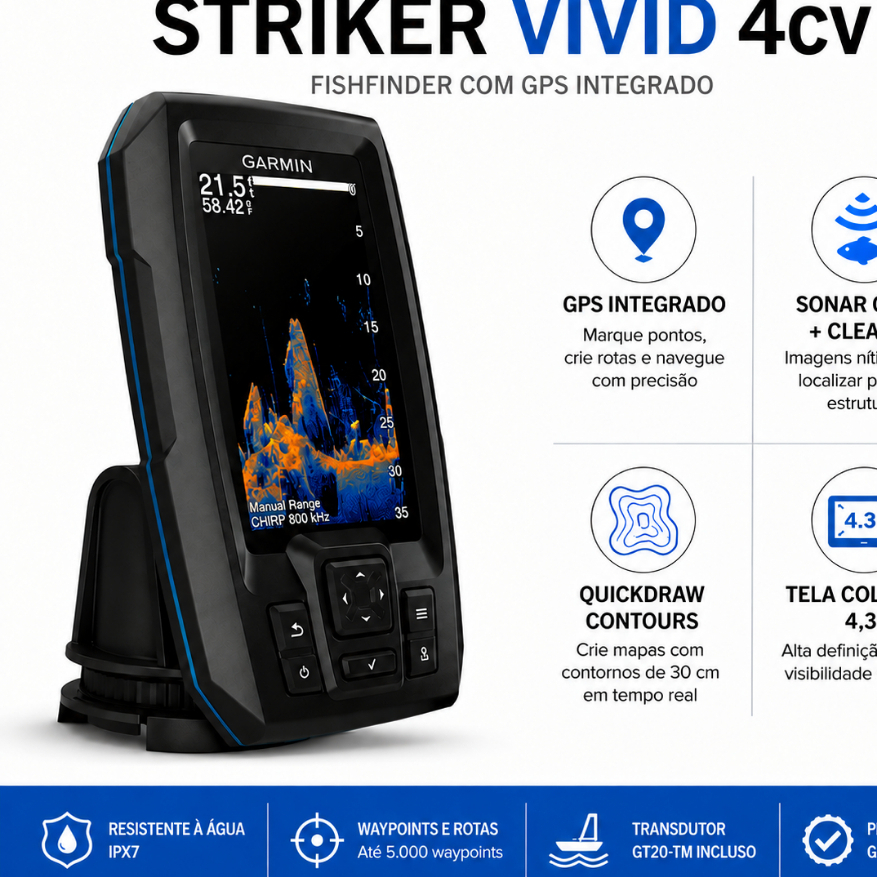 Sonar GPS Vivid 4cv + Transducer GT20-TM Fishfinder Original Garantia  Pesca Barco