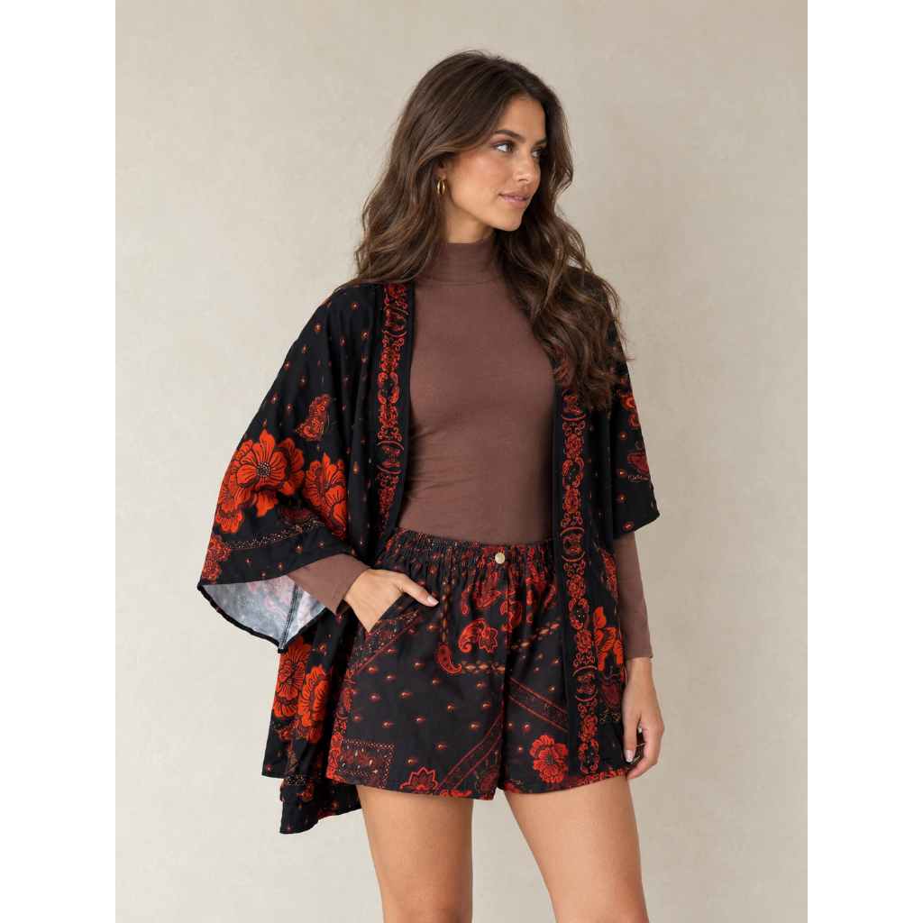 Conjunto de kimono com short de sarja estampado feminino estampas variadas viscose encorpada
