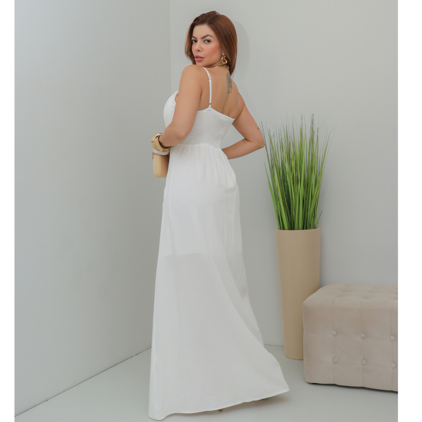 Vestido Longo Feminino de Alça com Renda Guipir Marcada Elegante Festa Verão SD4038 · foto 2