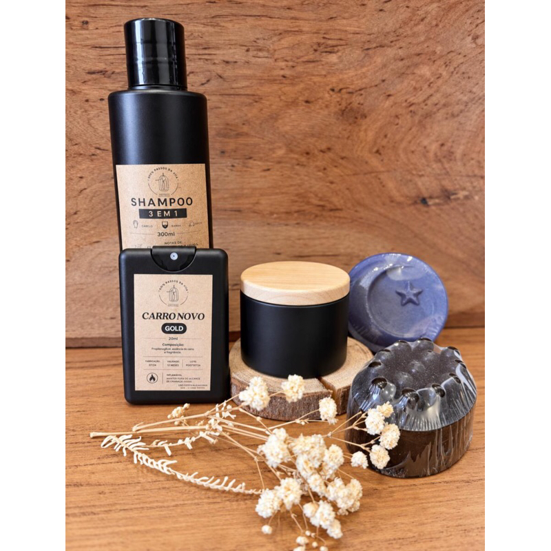Kit Autocuidado Masculino Presente com Shampoo 3 em 1, Vela Aromática, Sabonetes Artesanais e Spray Automotivo