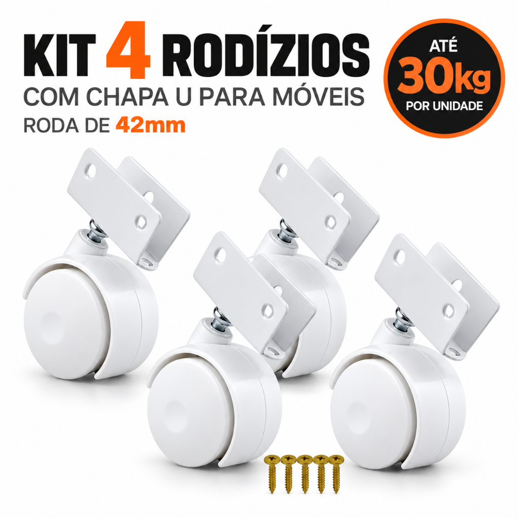 Kit 4 Rodizio Branco Roda Rodinha Berço Cama Chapa U 15mm