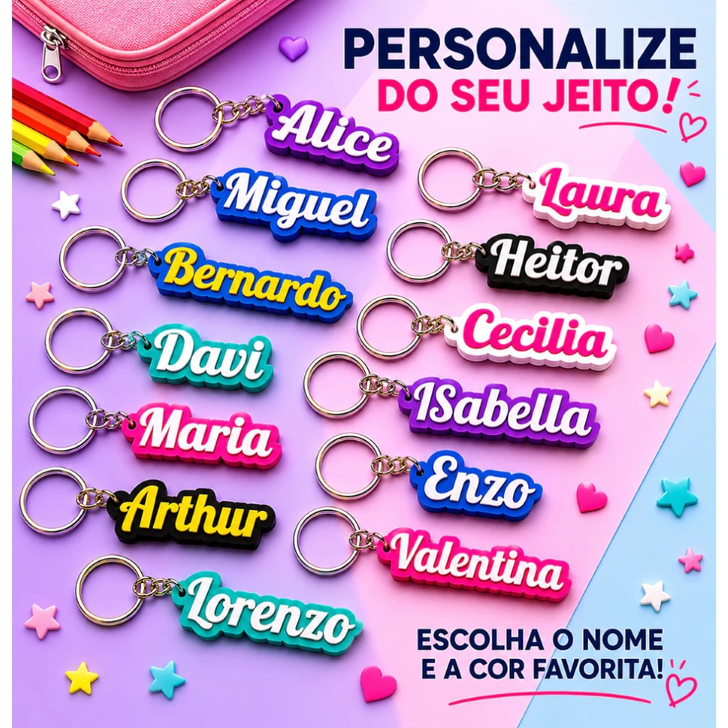 Kit Com Chaveiro Personalizado Nome 3D PLA Colorido Presente Lembrancinha Criativa Personalizada Festa Escola Casamento