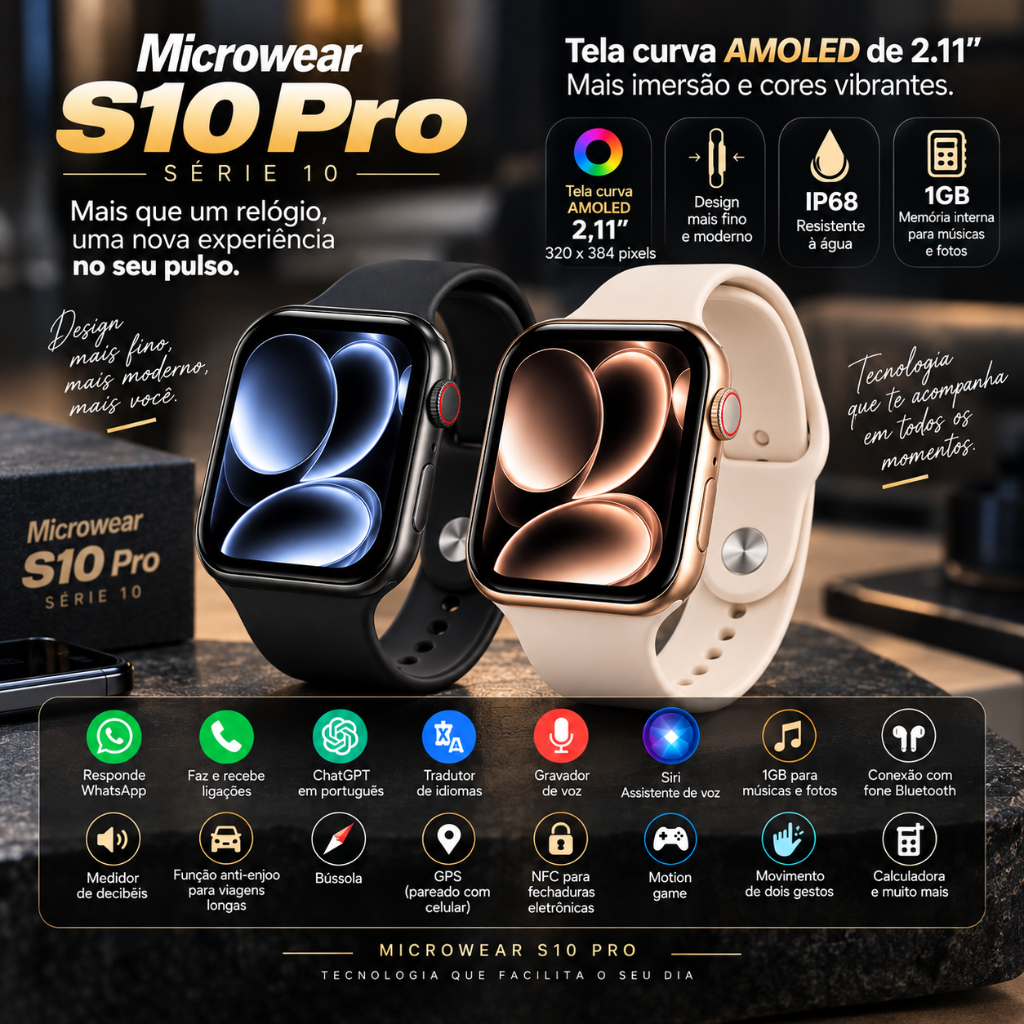 Smartwatch Microwear S10 Pro Série 10 ChatGPT 1GB Ligações GPS NFC IP68