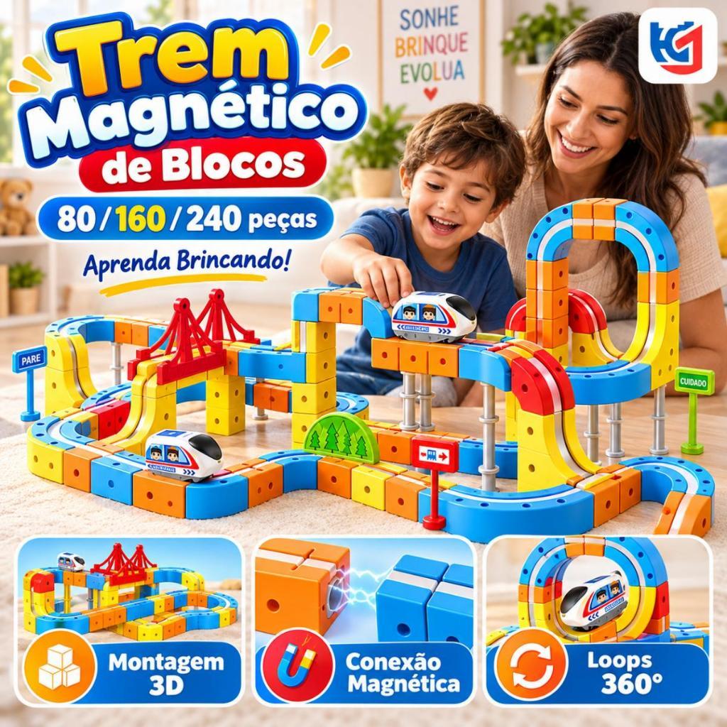 Trem Elétrico Pista Kit Trem Magnético 80/160/240Peças Blocos de Montar 3D Recarregável USB Brinquedo Educativo Infantil