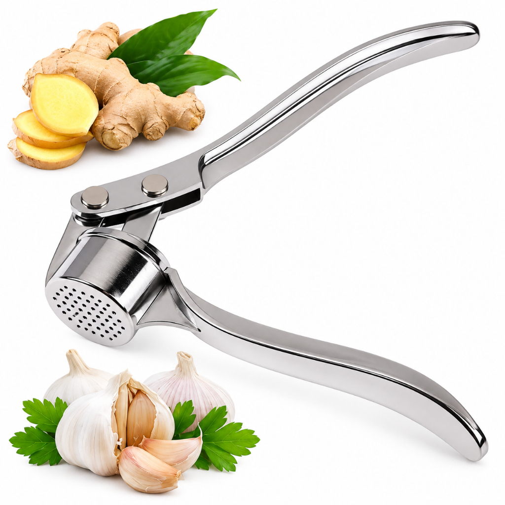Espremedor de Alho Manual em Aço Inox Amassador Triturador Processador de Alho Gengibre Prático para Cozinha