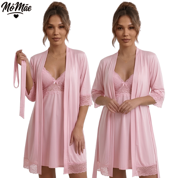 Kit Camisola Sensual com Renda + Robe Rendado com Faixa Feminino Pijama Microfibra Hobby Confortável