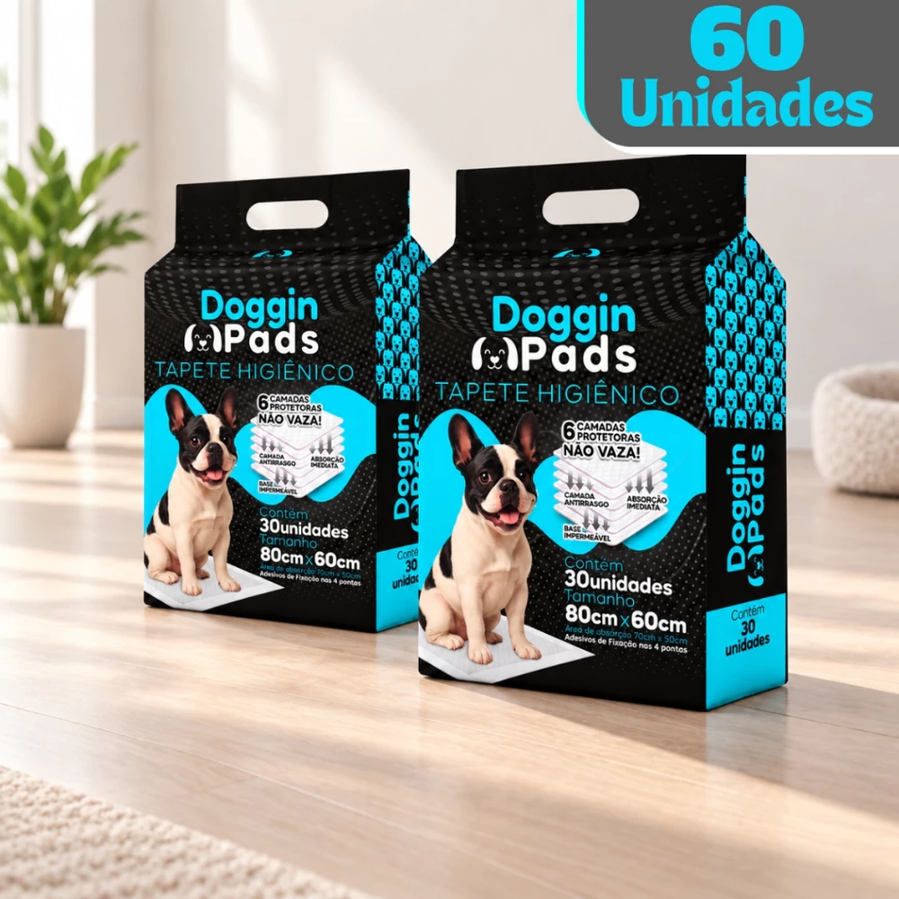 Kit 2 Tapete Higiênico para Cachorro Doggin Pads 80 x 60 cm - 60 Unidades