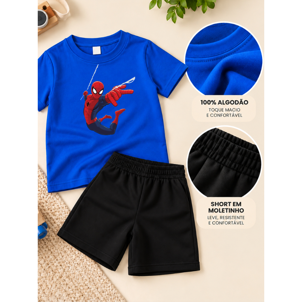 Conjunto Menino Aranha Herói Filme Infantil Criança Spider Man Camiseta e Bermuda Verão