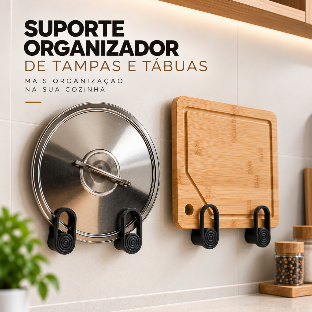 Kit Suporte Organizador Adesivo de Parede para Tampa de Panela e Tábua de Corte