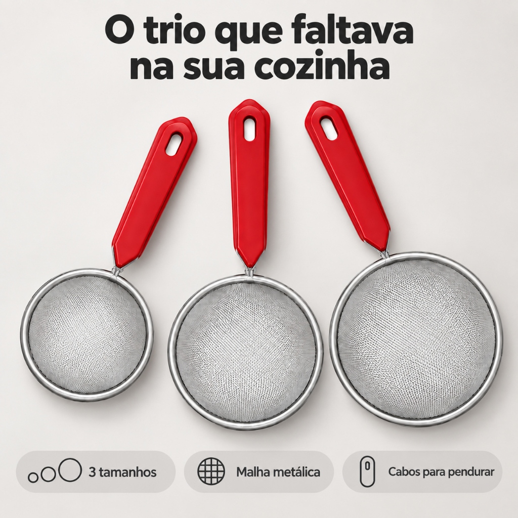 Peneiras de Aço Inox P M G com Cabo Vermelho para Cozinha Farinha Tapioca Suco Alimentos- Kit com 3 unidades