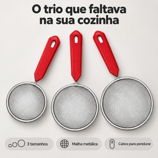 Peneiras de Aço Inox P M G com Cabo Vermelho para Cozinha Farinha Tapioca Suco Alimentos- Kit com 3 unidades