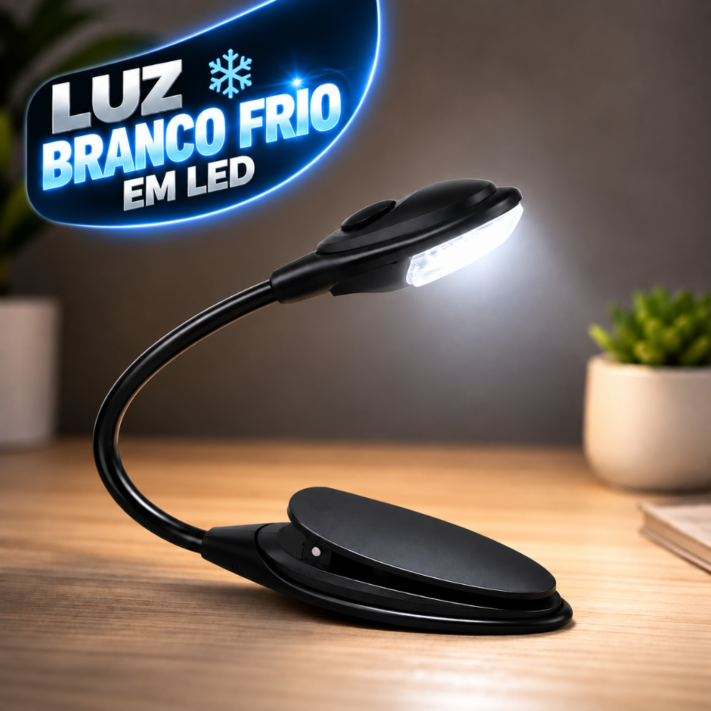 Luminária Lanterna LED de Leitura com Clip Luz Branca Haste Flexível Portátil para Livro Estudo Viagem Bateria Inclusa