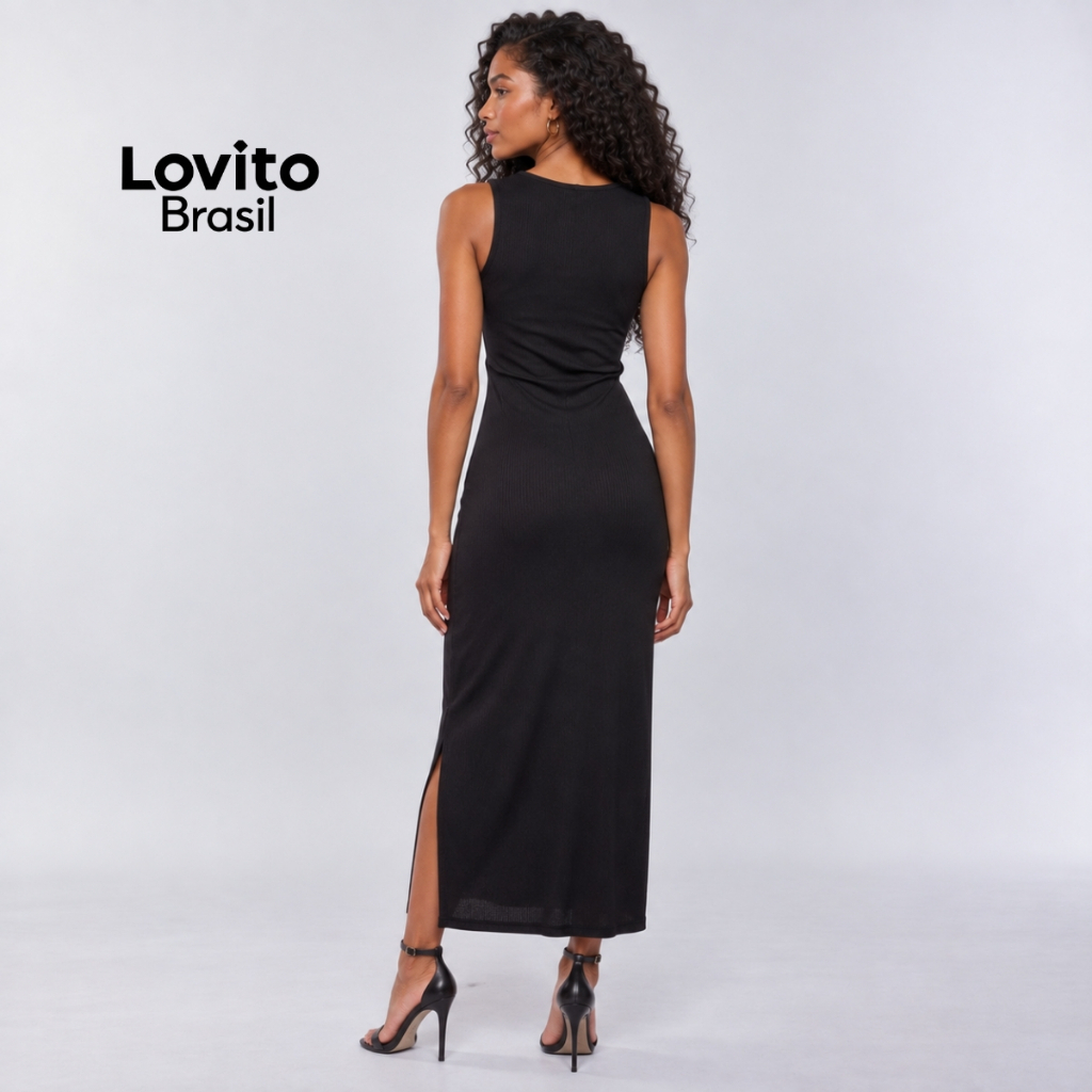 Lovito Vestido Midi Preto Cut Out Casual Lisa para Mulheres DRB1093BRL1123 · foto 2