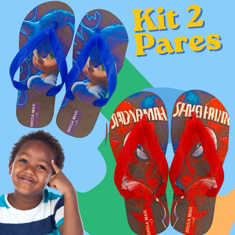 Kit Chinelo Infantil Menino Masculino 25 ao 32 Confortavel Correia Grossa Antiderrapante Estampas vivas em UV