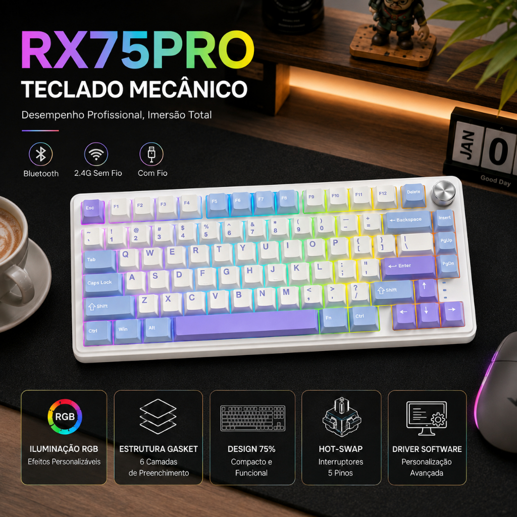 Teclado Mecânico Gamer RX75 PRO 75% - Tri-Mode Sem Fio, Hot Swap, RGB e Gasket - PBT Anti-Ghosting para PC e Notebook