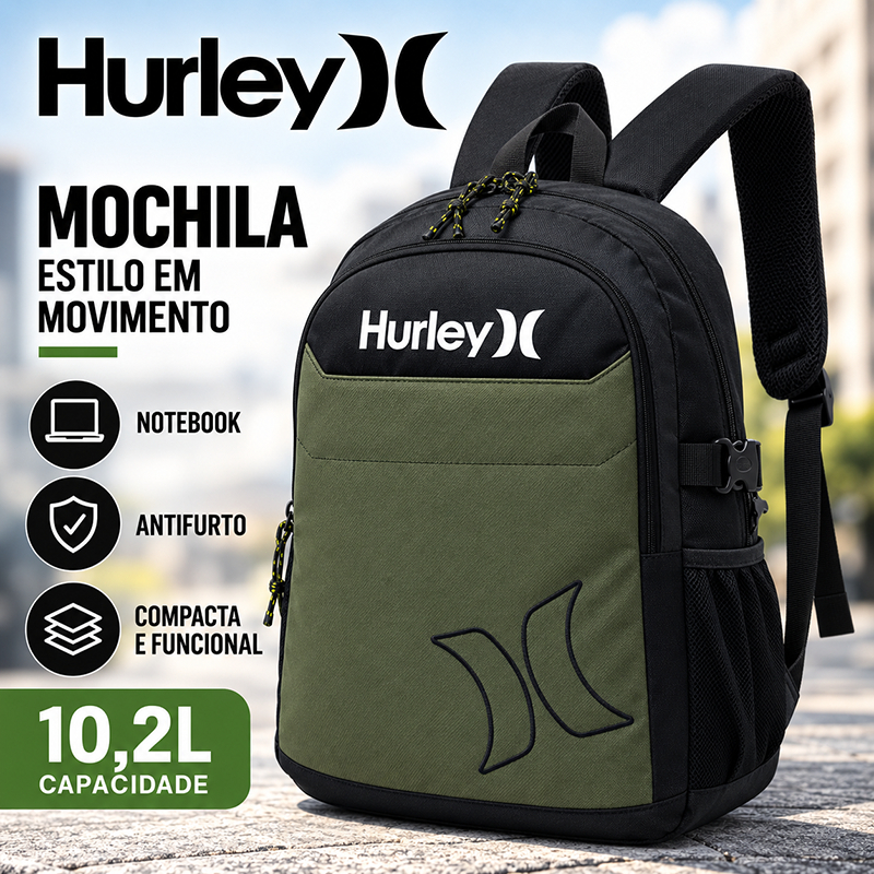 Mochila Hurley Notebook Faculdade Trabalho Viagem Antifurto Verde 10,2L