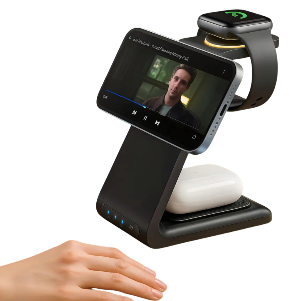 Carregador Sem Fio Magnético 3 em 1 15W Anatel Suporte Indução para Celular Smartwatch Preto