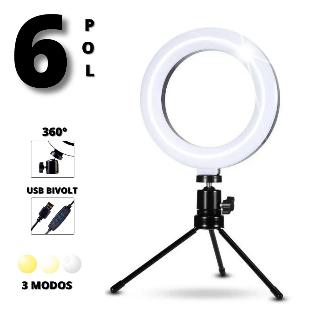 Ring Light De Mesa Profissional Blogueiras Make Fotos Selfie 16cm Polegadas sem Suporte Para Celular ILUMINADOR