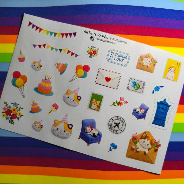 Cartela de Adesivos Fofos Exclusiva [Gatinho festas e correspondência] Sticker Sheet  28 adesivos