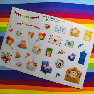 Cartela de Adesivos Fofos Exclusiva [Gatinho festas e correspondência] Sticker Sheet  28 adesivos
