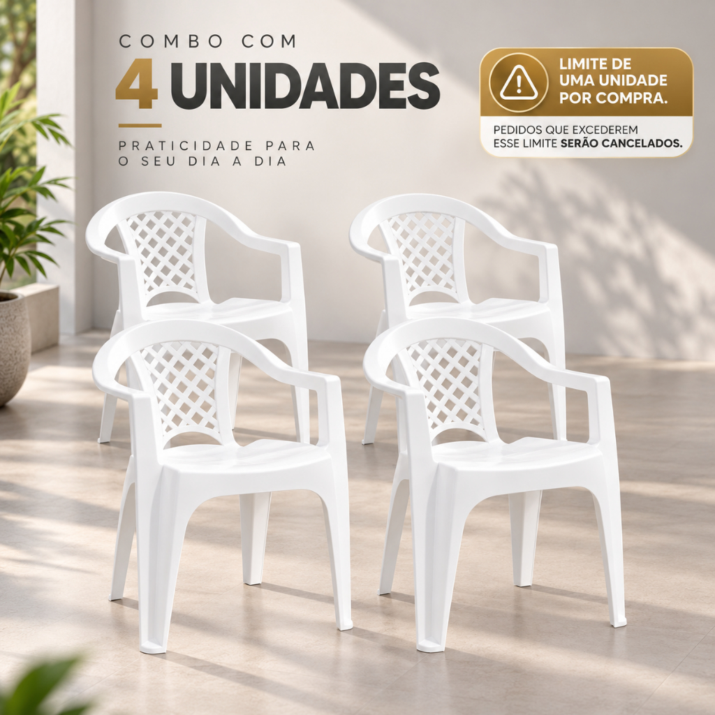 Kit 4 Cadeiras Brancas Tramontina Plástico Lanchonete Bar Restaurante Piscina Praia Sala Jantar