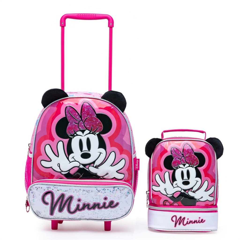 Kit Mochila Rodinhas Lancheira Estojo Minnie Pré- Escolar Infantil Menina Disney