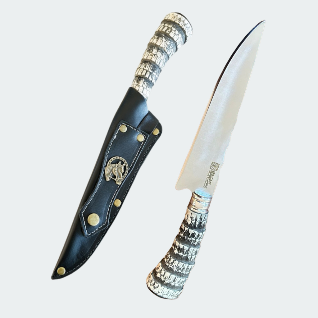 Faca Churrasco Artesanal Gaúcha Afiada Aço Inox 7 Polegadas Bainha Em Couro Personalizada Com Nome Logo Escudo Logo Luxo