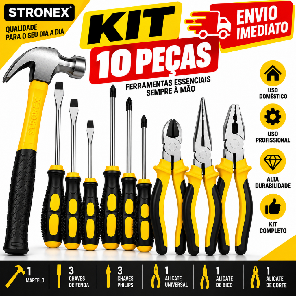 KIT FERRAMENTAS JOGO DE FERRAMENTA COMPLETO 10 PEÇAS MARTELO ALICATES CHAVES FENDA PHILLIPS 3 ALICATES 6 CHAVES