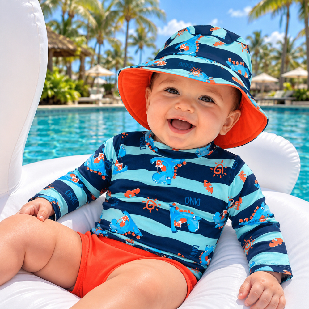 Kit Lote Blusa com Proteção Solar UV50 + Tapa Fralda (sunga) + Chapéu Bebê e Infantil Moda Praia Meninos