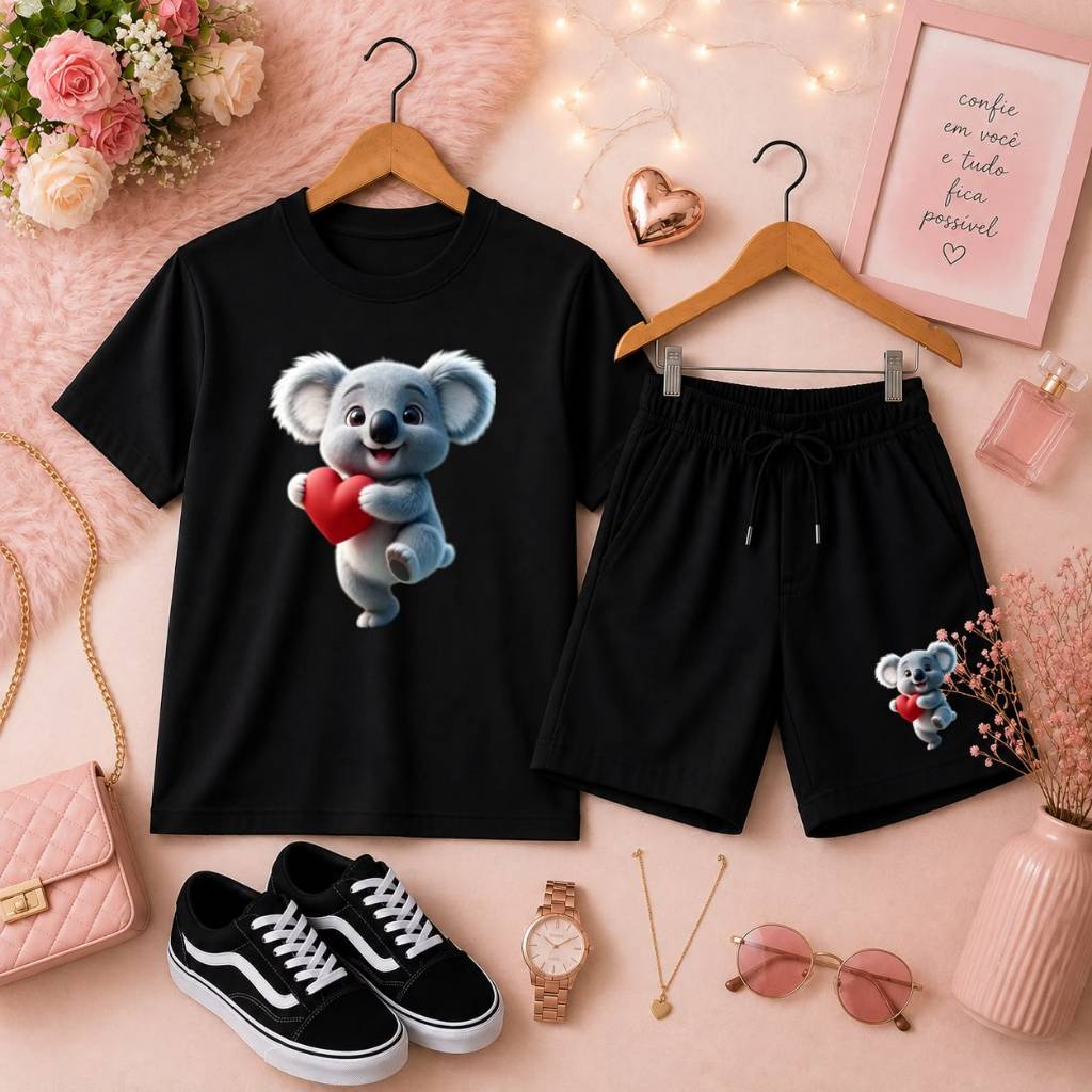 Conjunto Infantil Feminino Camiseta Preta + Short de Moletom com Estampa Fofa de Coala Moderno