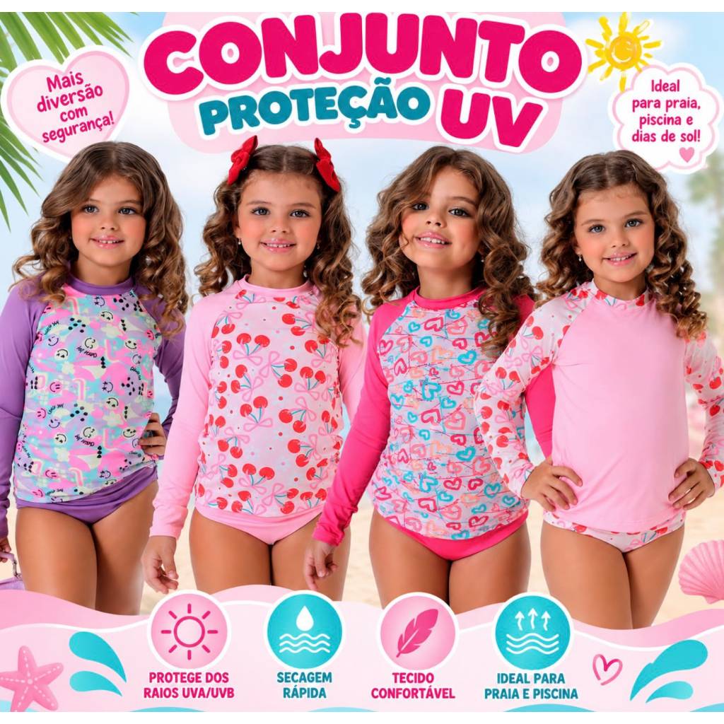 Conjunto biquini proteção UV blusa termica e tanga infantil menina praia piscina