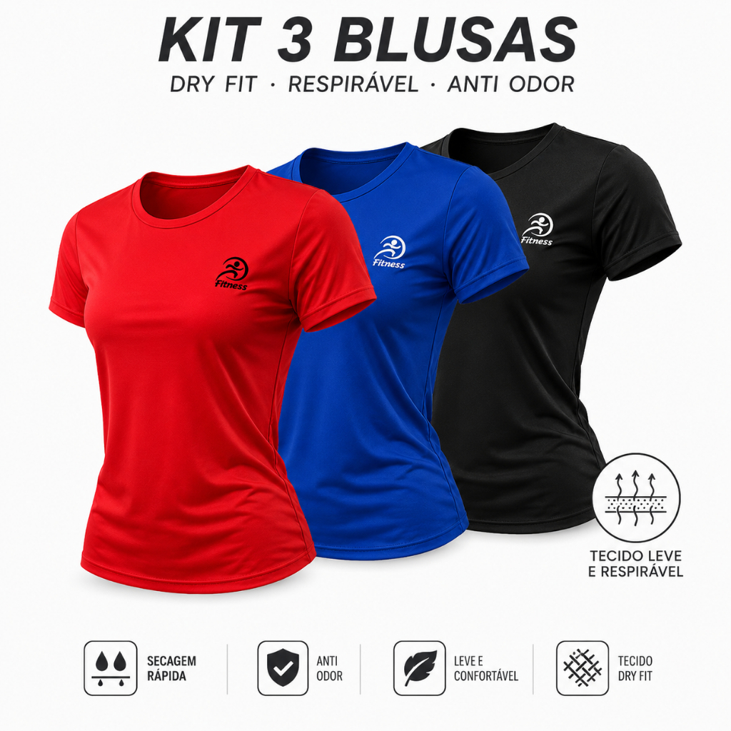 KIT 3 Camiseta Academia Feminina Dry Fit Treino Blusa Furadinha Caminhada Treino Musculação