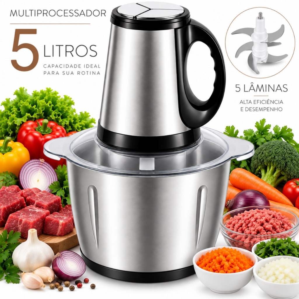Moedor Elétrico 5 Litros Multiprocessador Mixer Picador Triturador de Carne Temperos Legumes Inox 110v ou 220v