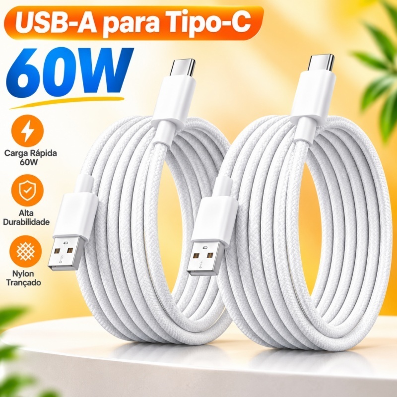Cabo Carregador USB para Tipo-C 1 Metro Trançado Rápido, Compatível com iPhone 15 e Celulares Android --USB-A para USB-C