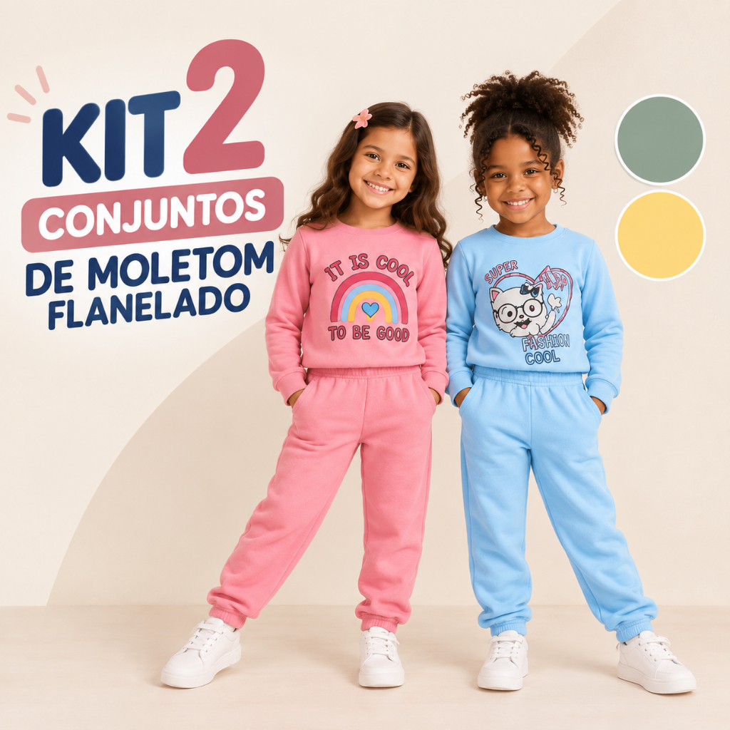 Kit 2 Conjuntos Moletom Flanelado Roupa Infantil Inverno Menina Kit 4 Peças (2 blusas + 2 calças) Conjuntos Sortidos