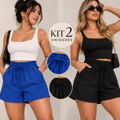 Kit 02 Short Linho feminino Cintura Alta Com Bolso Elástico Casual Soltinho Confortável Verão