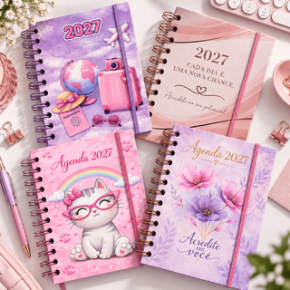 Agenda 2026 e 2027 Espiral Diária Planner Colorida Estampado 19cmx13,5cm Feminina Calendá…