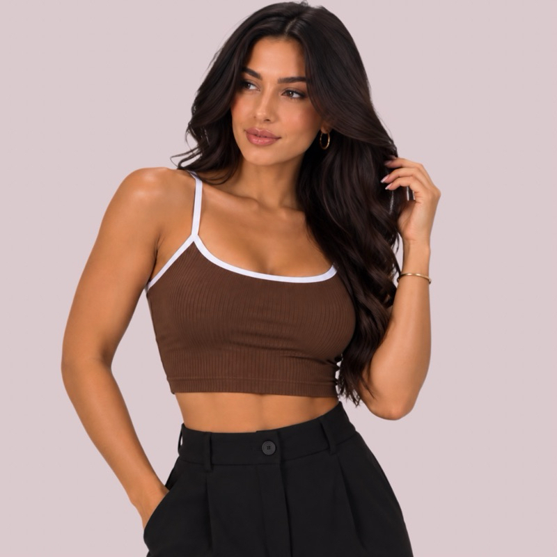 Cropped Alcinha Bicolor Canelada moda básica feminina sem bojo top confortável