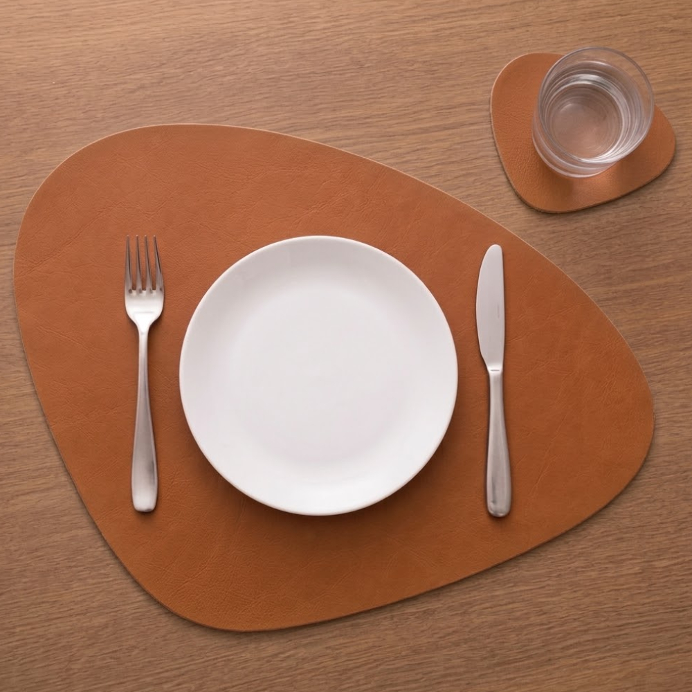 Kit Jogo Americano Couro com Porta Copo 40x30 Sousplat para Mesa Jantar Cozinha