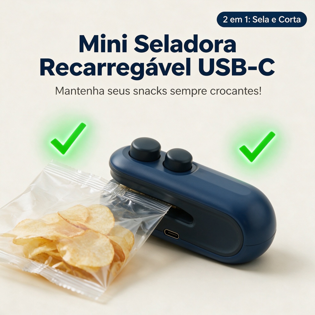 Mini Seladora de Embalagens 2 em 1 Recarregável USB-C com Corte para Sacos Plásticos, Snacks e Organização da Cozinha