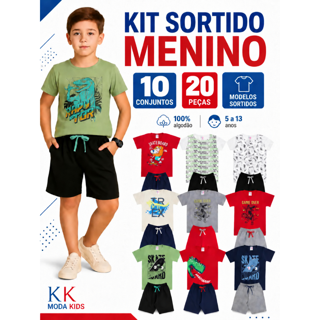 Kit 20 Peças Sortidas Roupa Infantil Menino Verão 10 Camisetas + 10 Bermudas 10 Conjuntos Masculinos Tam 1 ao 14