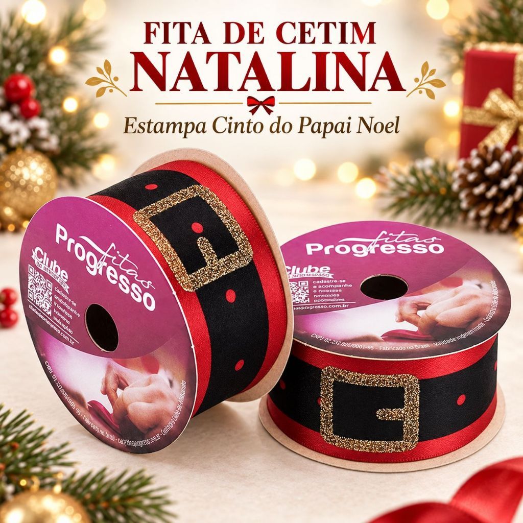 Fita de Cetim Natalina - Cor 001 - Cinto Noel - Rolo 10 Metros - 1 unidade | Laços | Presentes | Artesanato | Decoração